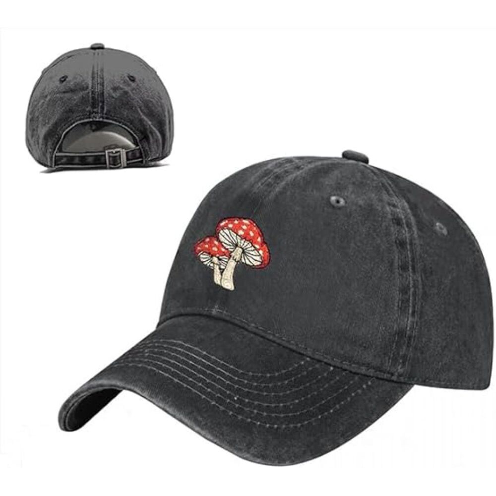 Unisex Black Cotton Mushrooms Embroidered Adjustable Buckle Classic Baseball Cap - Picture 3 of 4